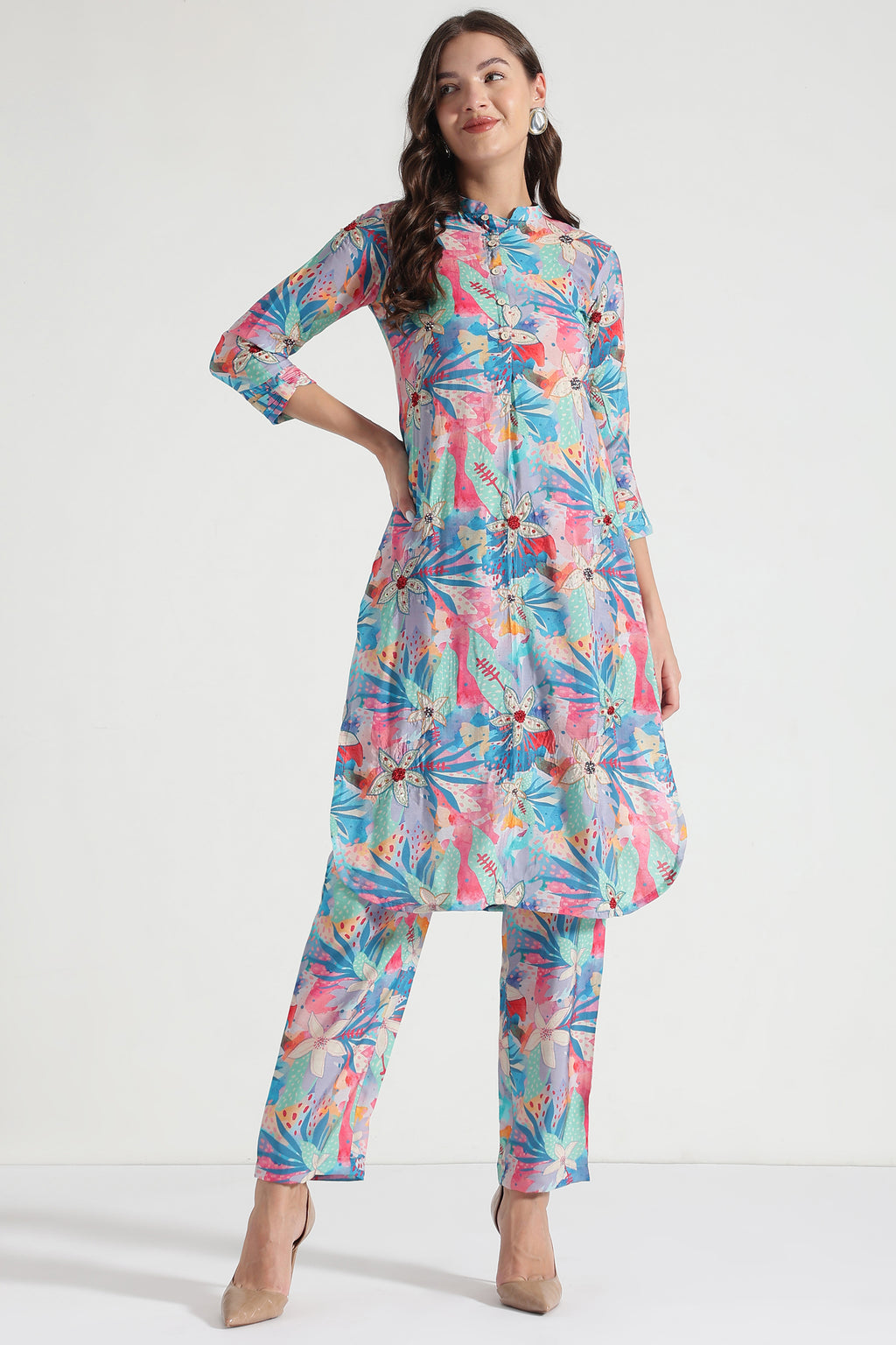 Floral Printed Round Neck Pure Cotton Top With Pyjamas