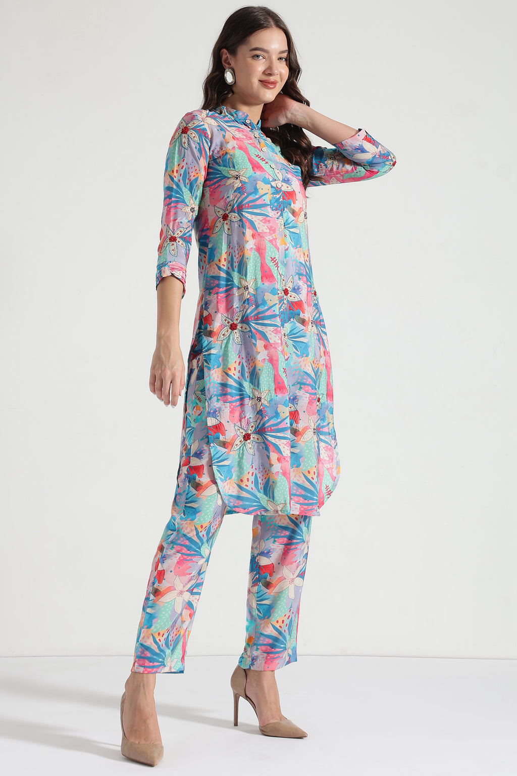 Floral Printed Round Neck Pure Cotton Top With Pyjamas