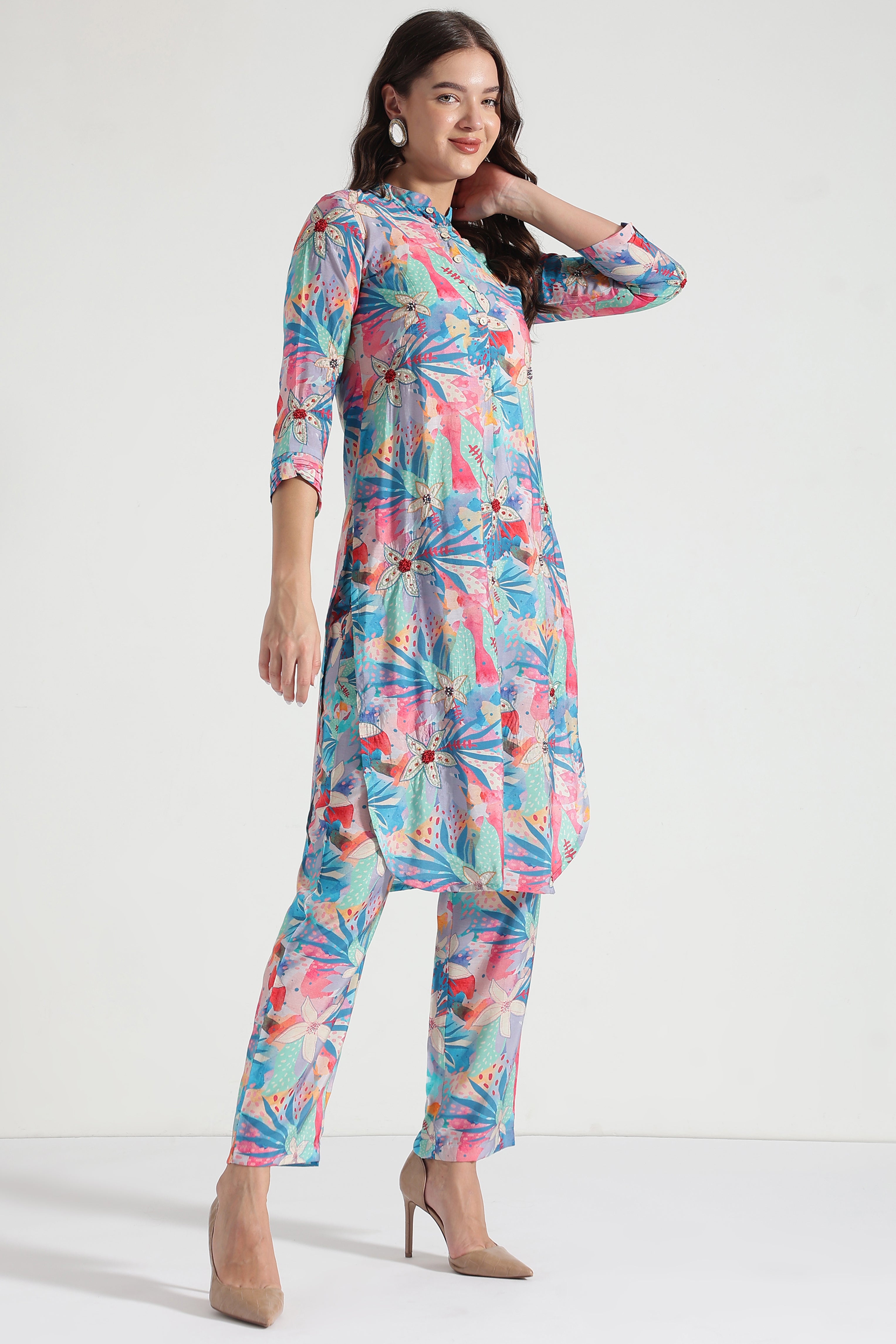 Floral Printed Round Neck Pure Cotton Top With Pyjamas