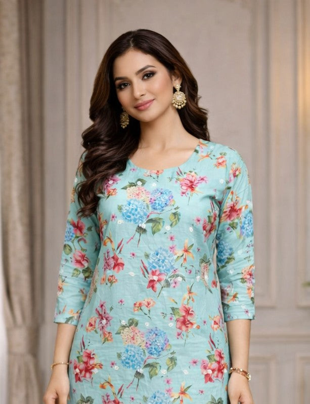 Women's Pure Cotton Regular Fit Floral Printed A-Line Kurta