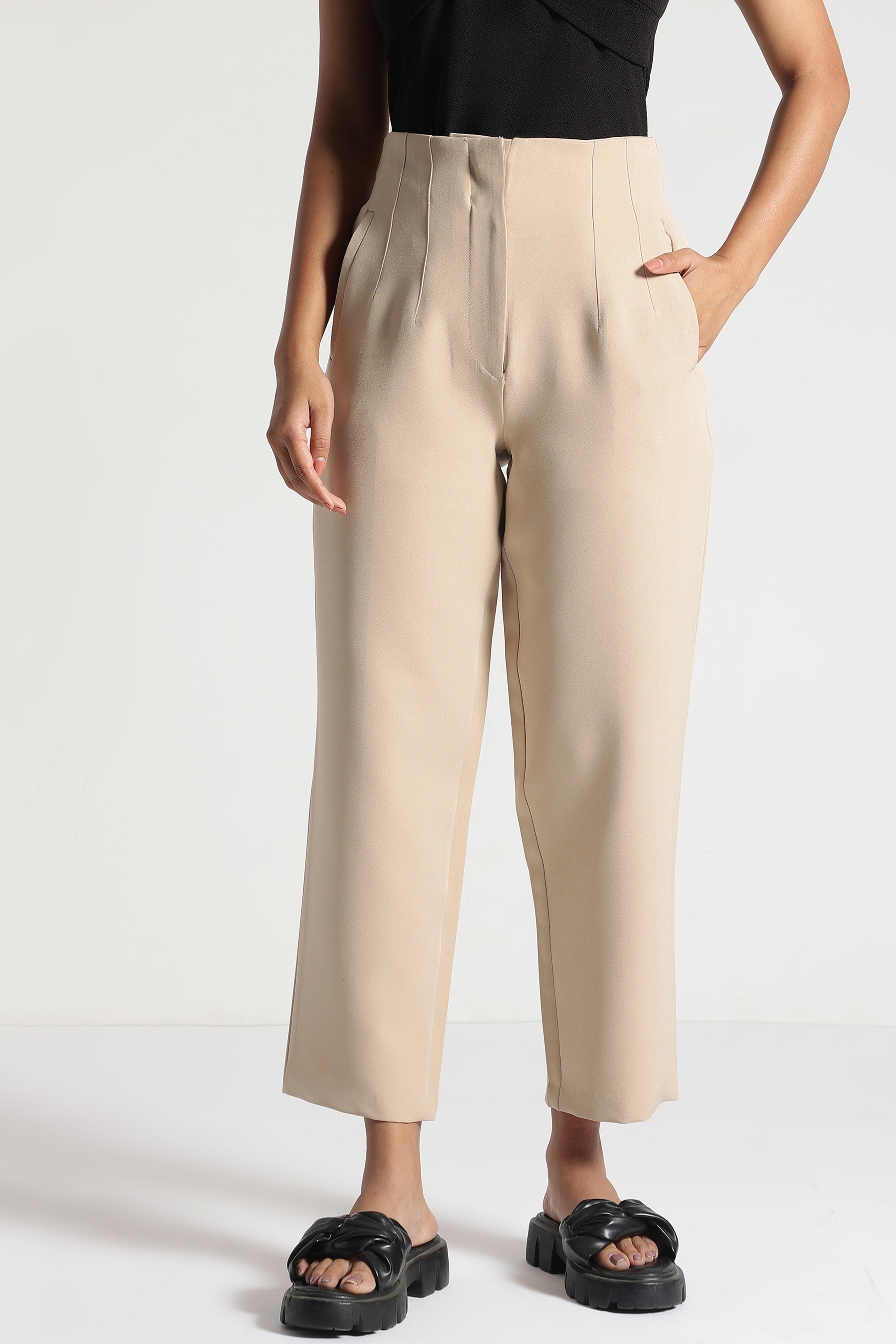 Pleated High Waisted Wide Leg Trousers in Off-White