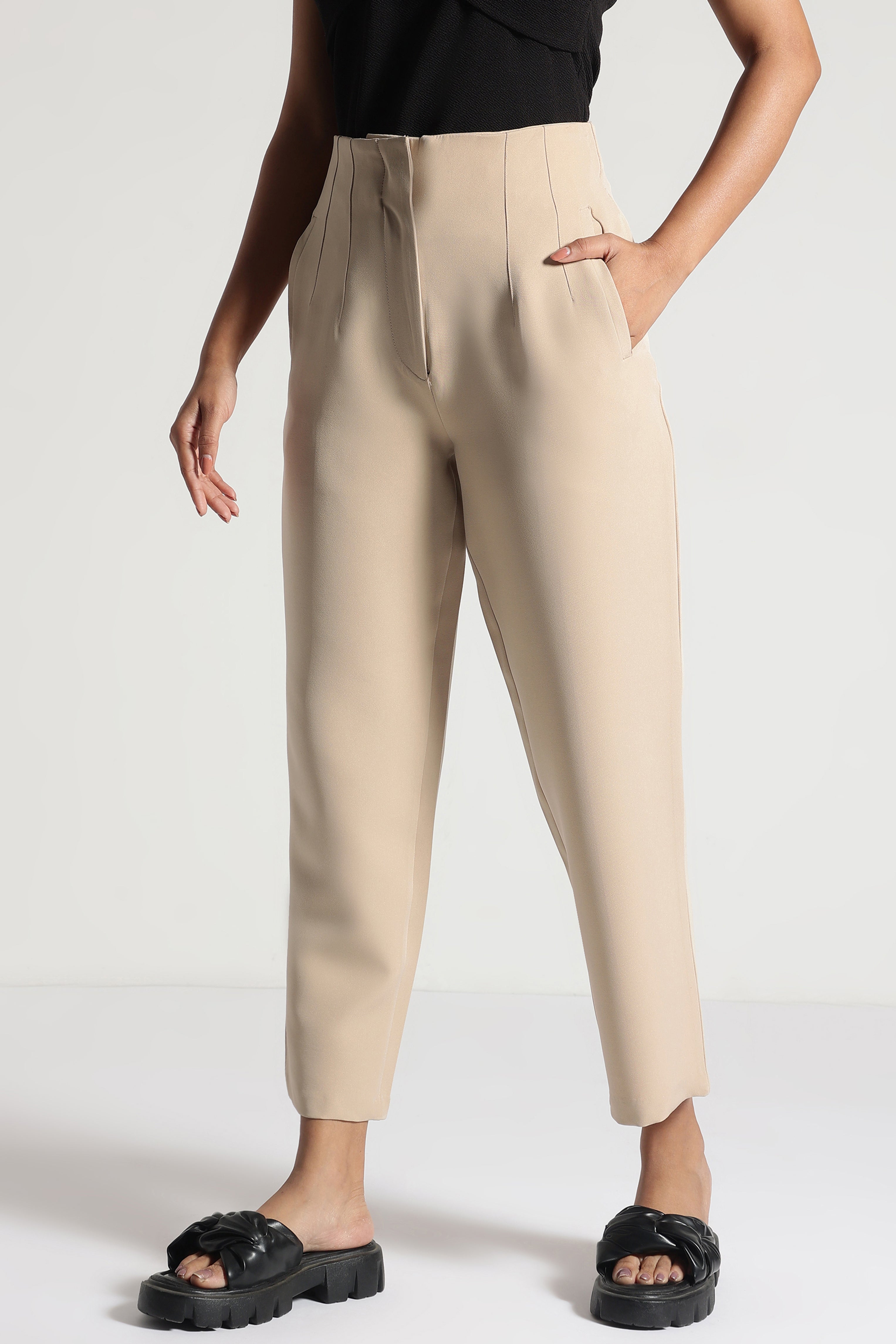 Pleated High Waisted Wide Leg Trousers in Off-White