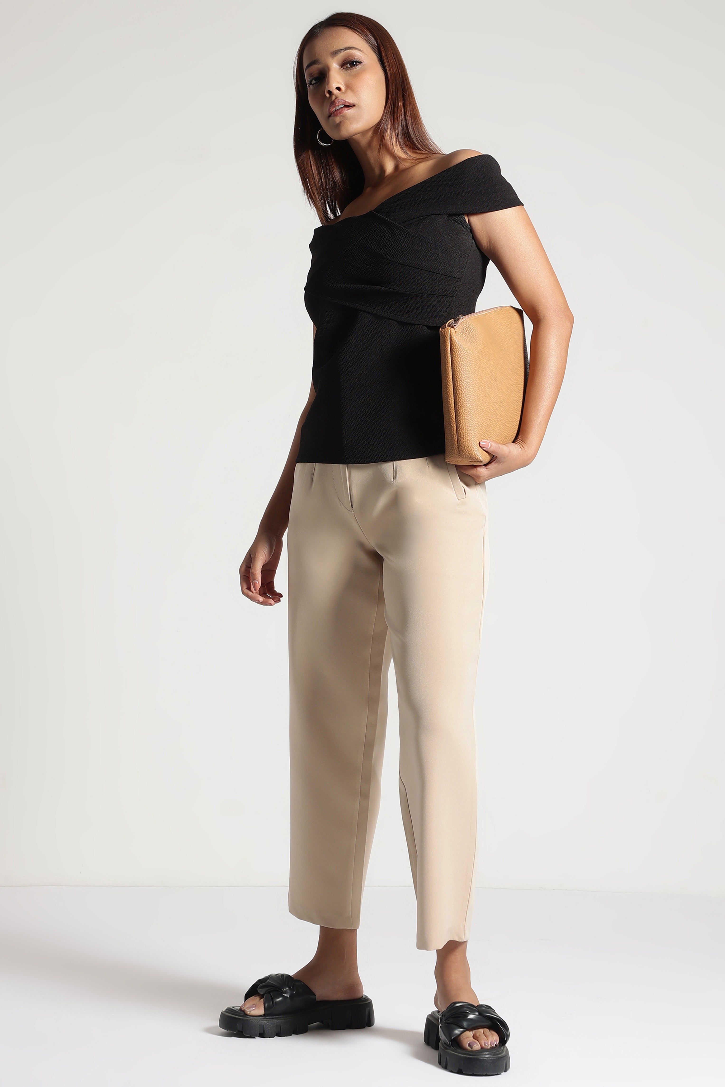 Pleated High Waisted Wide Leg Trousers in Off-White